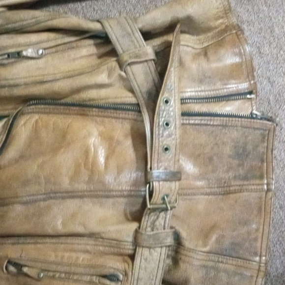 CMM VINTAGE DISTRESSED BELTED 100% LEATHER JACKET LARGE BROWN/TAN - Picture 11 of 13